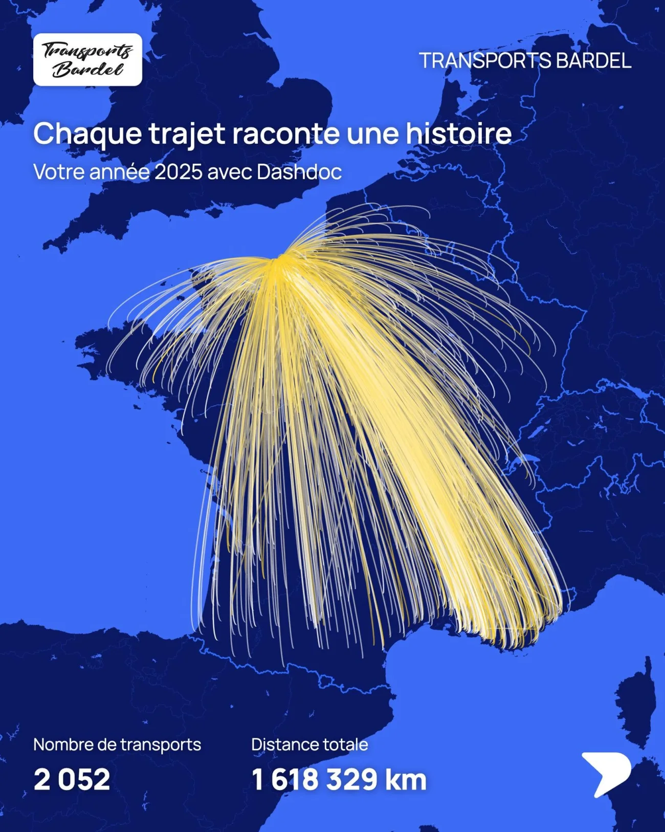 Carte des trajets Transports Bardel en 2025 : 2 052 transports, 1 618 329 km parcourus